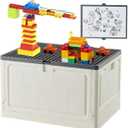 Folding Storage Box with Large Building Lid for Duplo Blocks, 28L Collapsible Storage Bin with Back Drawing Board, 29 Qt. Container Storage- 1 Pack- Grey