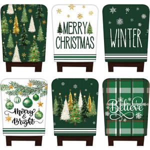 FuWeave 6 Pcs Christmas Chair Covers Christmas Chair Back Covers Xmas Chair Protector Slipcovers Washable Winter Dining Room Seat Covers for Home Hotel Kitchen Decorations (Green Xmas Tree)