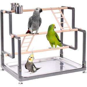 Bird Playground, Playstand for Small to Large Birds with Collapsible Metal Frame, Heavy Duty Quick-Install No Tool Request, 4 Standing Perch, 2 ladders and 2 Bird Cups