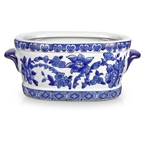 Blue and White Ceramic Planter Pot – Vintage Floral Oval Cachepot Vase for Indoor Plants, Flowers & Succulents – Glazed Chinese Porcelain Style Decorative Bowl – 7.4" or 10.6" Size – No Drainage