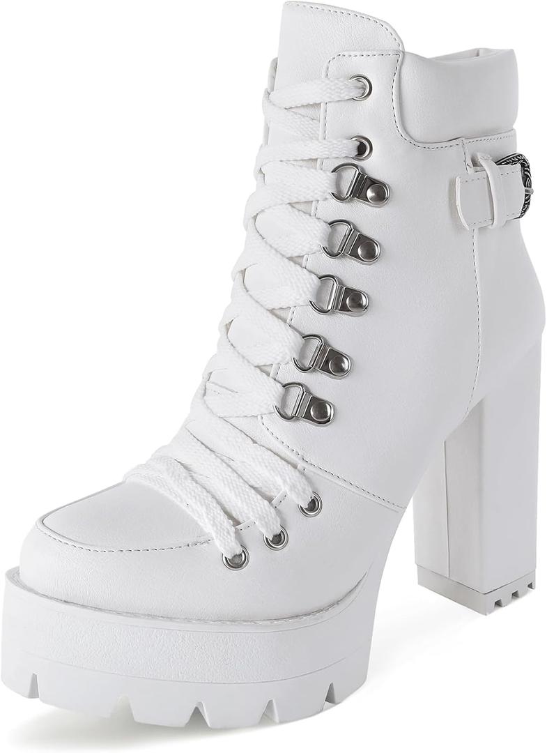 Susanny Sexy High Heels for Women Boots Round Toe Platform Booties Lace Up Suede Side Zipper Ankle Bootie (12, White)