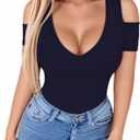 HERLOLLYCHIPS Women Tops Summer Deep V Neck Short Sleeve Cold Shoulder Slim Fit Casual Sexy Tees T-Shirts (Blue, S)
