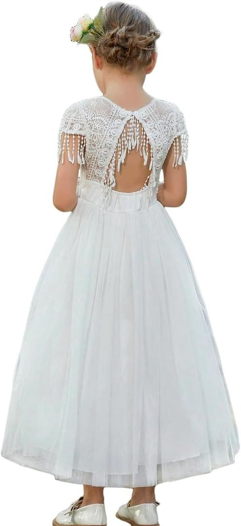 BIBIHOU Girl's Lace Flower Short Sleeve Tiered Swing Wedding Formal Party Drese for Little Big Girl, White 10Y