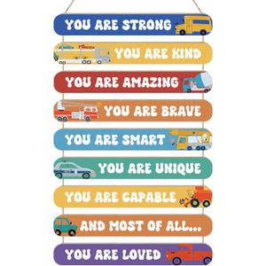 MONALET Inspirational Construction Cars Wall Art Decor for Boys Room Nursery Baby Kids Playroom Bedroom Door, Motivational Hanging Wood Signs Decorations, Positive Affirmations Wooden Plaque, 12x19
