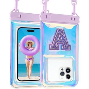 Waterproof Phone Pouch Floating, Fashion Bling Letters Cell Phone Dry Bag for iPhone 16 15 14 13 12 11 Pro Max, Galaxy S25 S24 S23 S22 Ultra Google, Up to 7.5 Inch, Glitter Letter A Iridescent 2 Pack