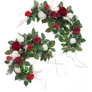 Ling's moment 2Pack 2ft Artificial Flowers Garland Lantern Flower Centerpieces Wedding Aisle Decor Chair Flowers Arch Floral for Christmas Pew Signs DIY Table Wall Window Decoration Red & Sparkle