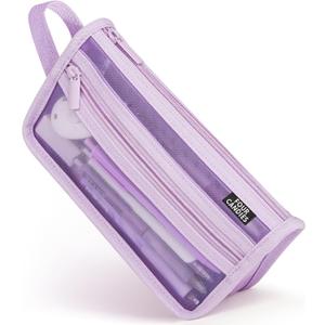 Four Candies Grid Mesh Pencil Case with Handle and Zipper, Clear Double-layer Pencil Pouch Marker Pouch, Travel Makeup Bag, Cute Transparent Stationary Organizer Pen Bag for Adult Office College