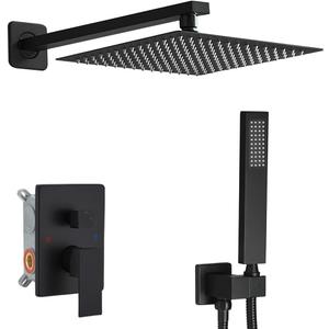 Matte Black Shower System 12 Inches Bathroom Luxury Rain Shower Head with Handheld Combo Set Wall Mounted High Pressure Rainfall Shower Head System Shower Faucet with Valve and Trim Kit