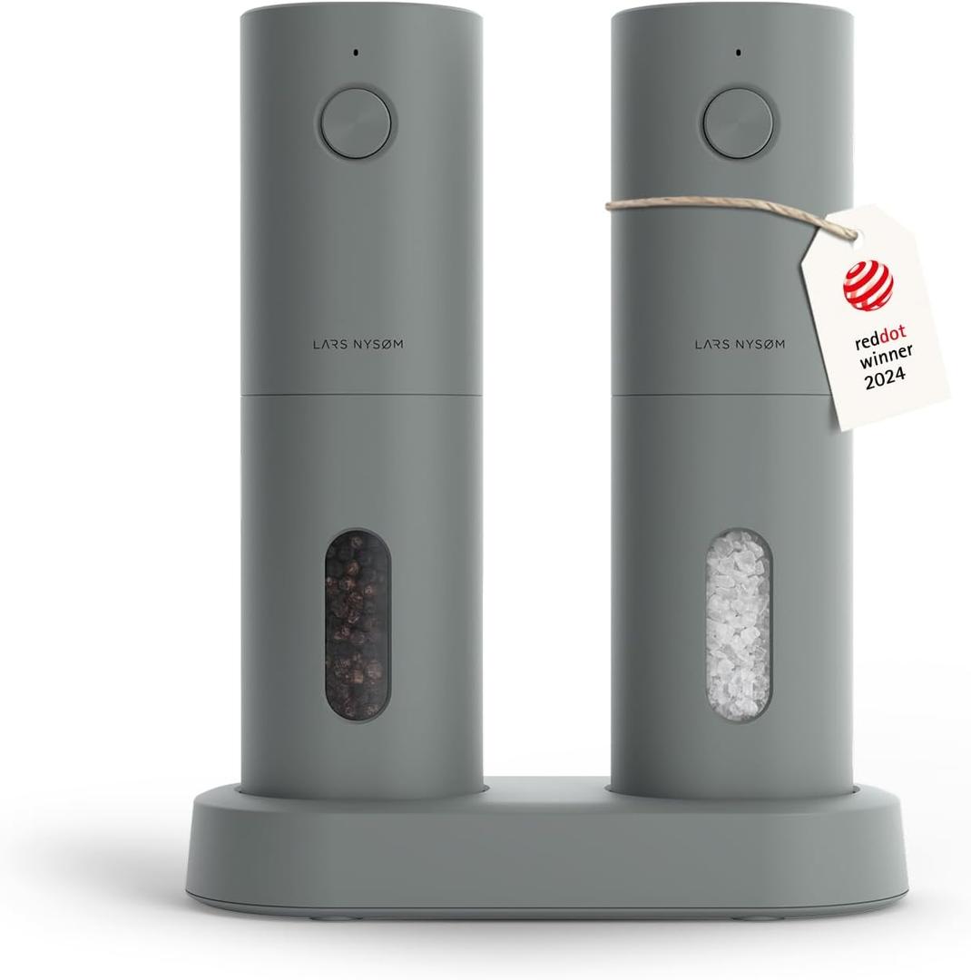 LARS NYSM Electric Salt and Pepper Grinder Set, USB Rechargeable, Automatic Salt and Pepper Mills, Spice Shakers Refillable with LED Light, Adjustable Coarseness, Ceramic Grinder (Ash Gray)