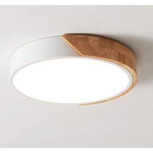 Modern LED Ceiling Light, Flush Mount, Round Wood, 30W, 2400 Lumens, Cool White, 11.8in, for Home Office, Bedroom, Living Room, Kitchen, Hallway