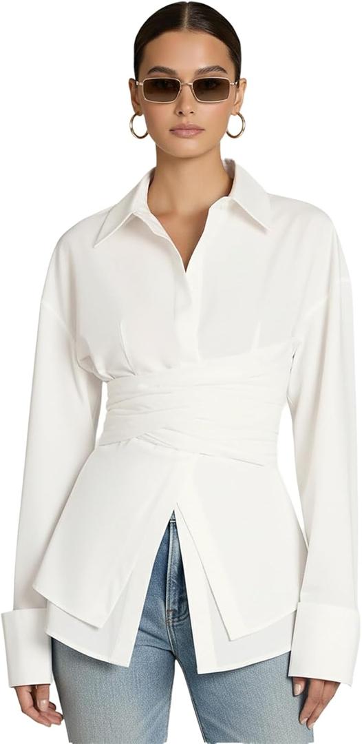 Women Fitted Button Down Shirt Cinched Waist Tops Cotton Long Sleeve Wrap Blouse Stylish Dressy Casual Outfit 2025 (White, S)