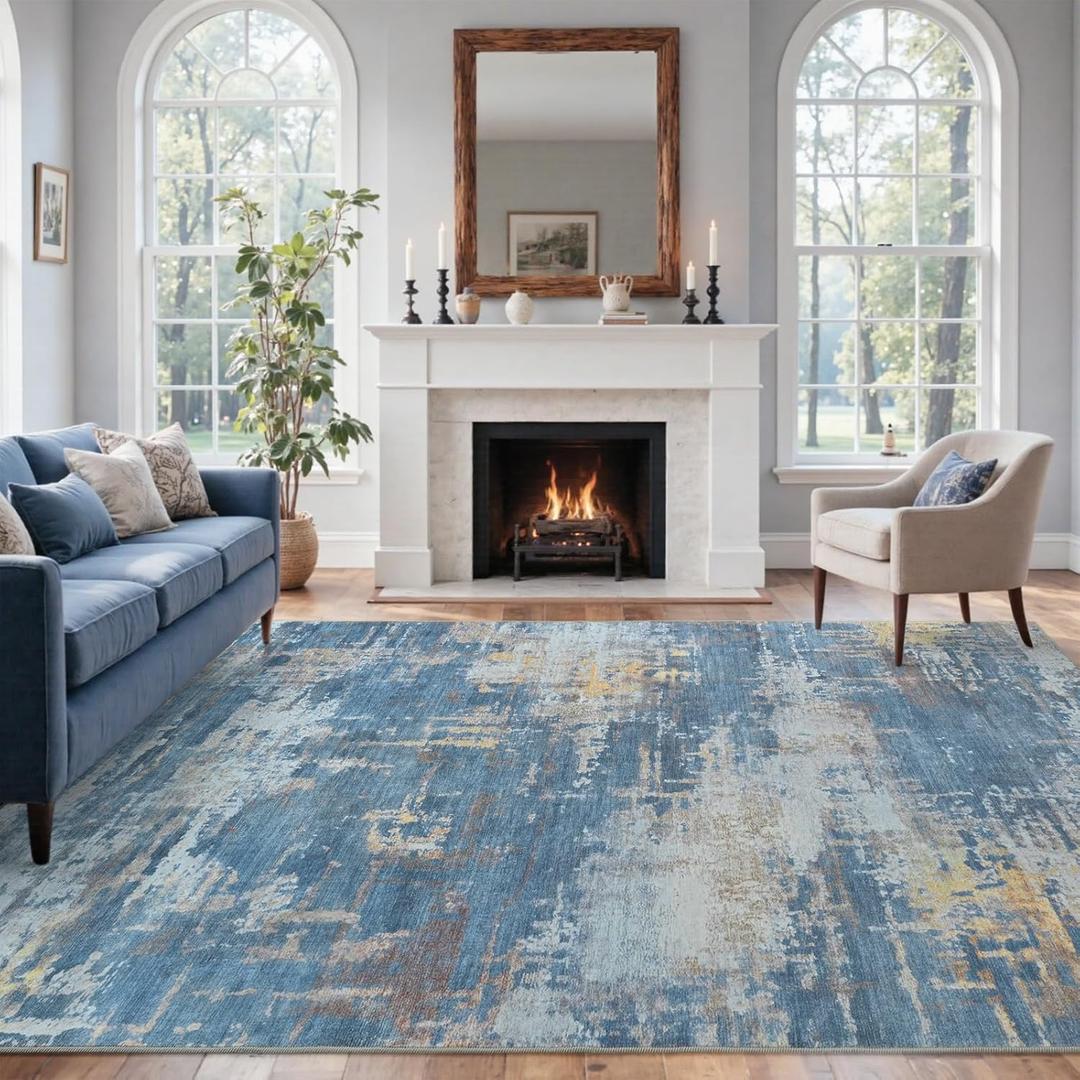 9x12 Ft Extra Large Washable Area Rugs for Living Room, Soft Non-Slip Modern Abstract Print Pattern Carpet for Bedroom Indoor Floor Nursery Home Decor (Blue/Gold)