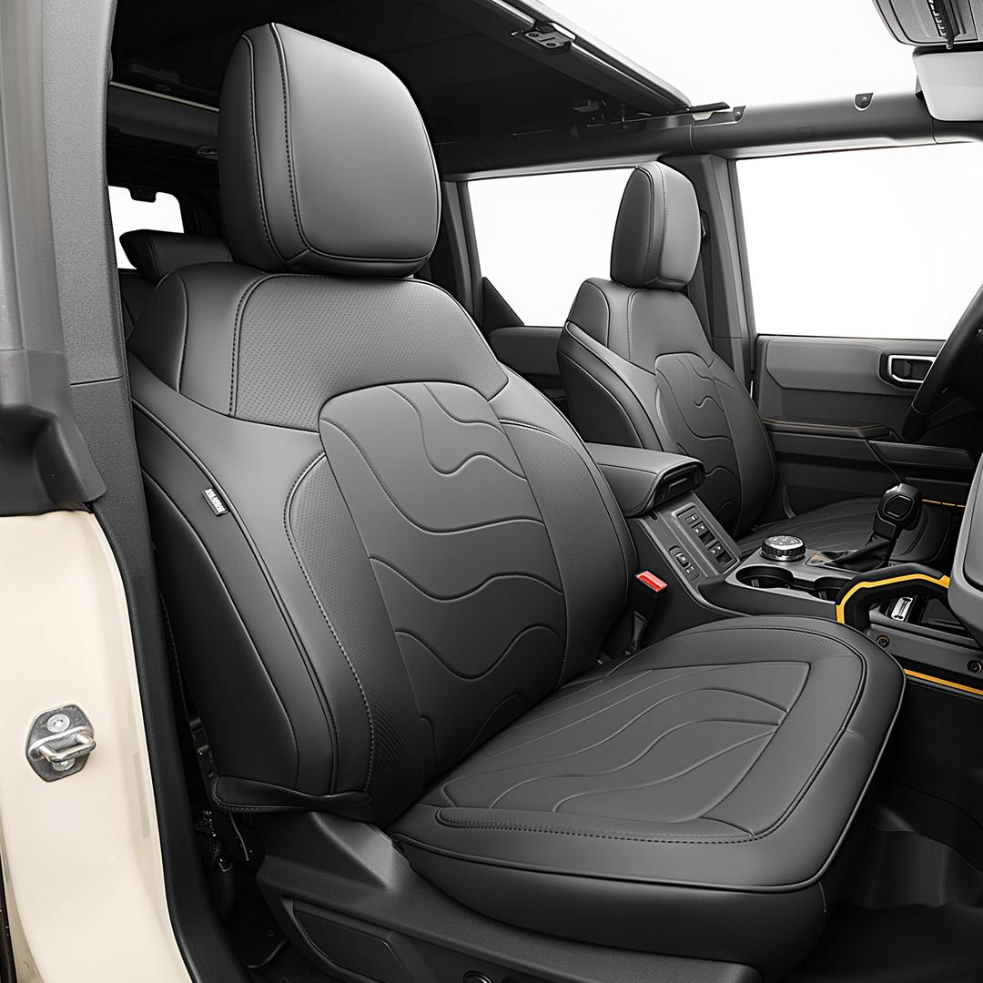 Seat Covers for 2021-2026 Ford Bronco 4 Door,Waterproof Leather Full Set
Black,With Rear Cup Holder,Custom Fit Front & Rear Full Coverage,Wear-Resistant and Breathable, Easy to Clean,OEM Fit