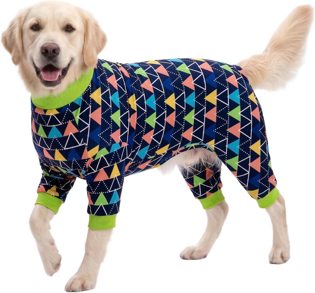 LovinPet Big Dogs PJS Onesies, Blue Triangle Print, Post Surgery Shirt, UV Protection, Pet Anxiety Relief, Wound Care Onesie for Large Dog,3XL (Green)