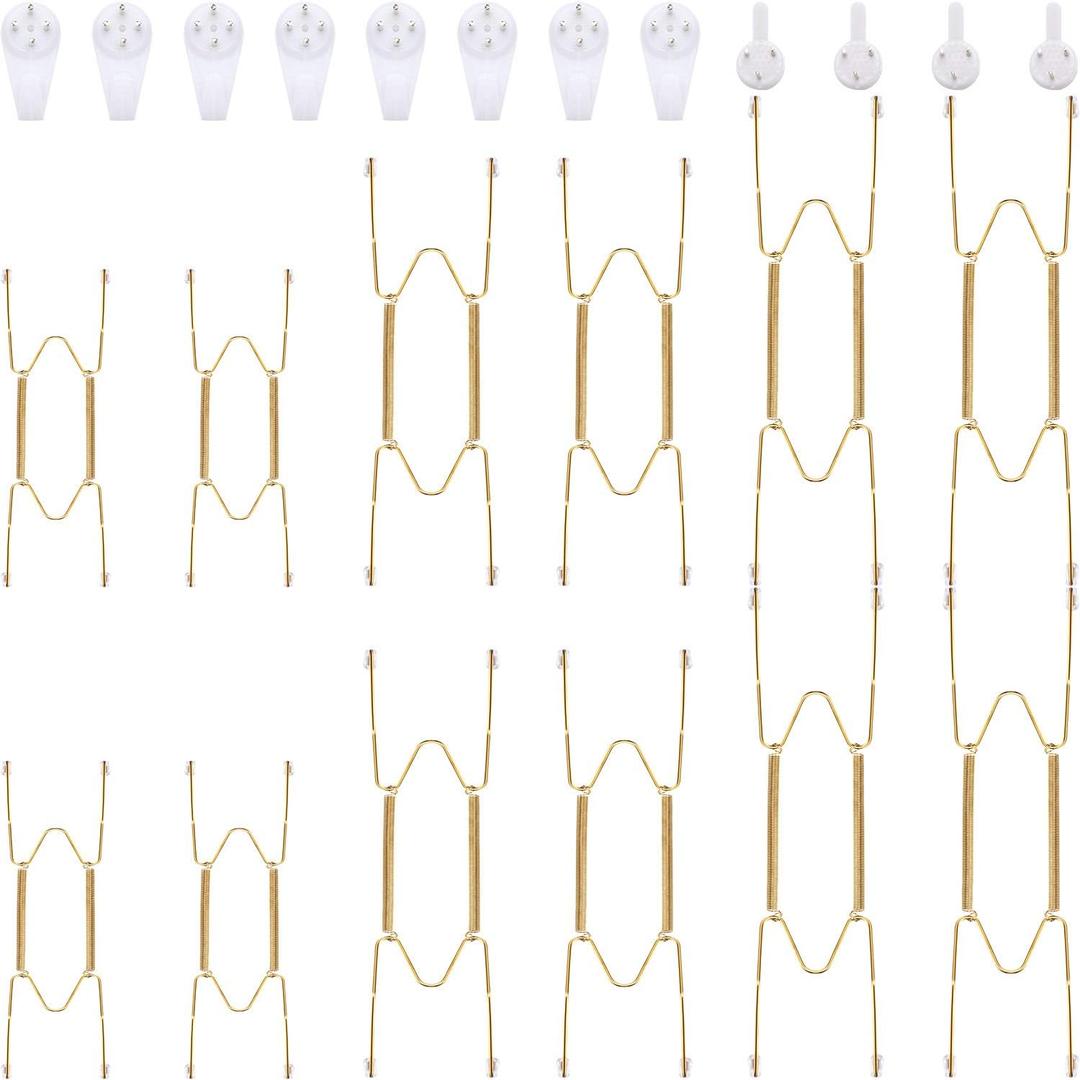 12 Pieces Plate Hangers for Wall Stainless Steel Wire Invisible Plate Hangers Heavy Duty Display Holders with 12 Pieces Hooks for Wall Decorative(6/8/10 Inch,Gold)
