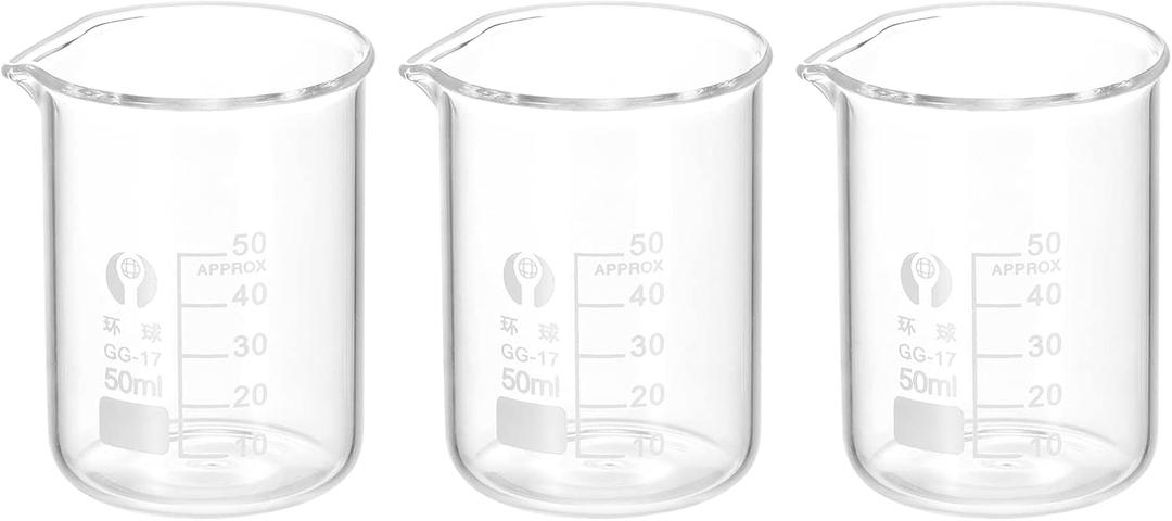 PATIKIL 3Pcs 50ml Low Form Glass Beaker, 3.3 Borosilicate Glass Graduated Printed Scale Measuring Cups with Spout for Kitchen Lab Liquids