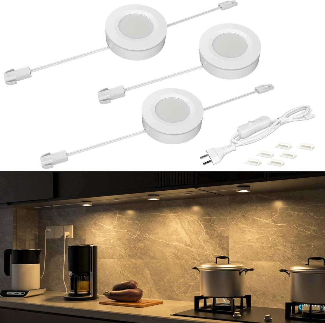 WOBANE Hardwired Under Cabinet Lights,Linkable LED Puck Lighting with Switch,DIY Under Counter Light for Kitchen,Showcase,Bookcase,Recessed&Wall Plug in,Natural White 4000K,120V,Set of 3