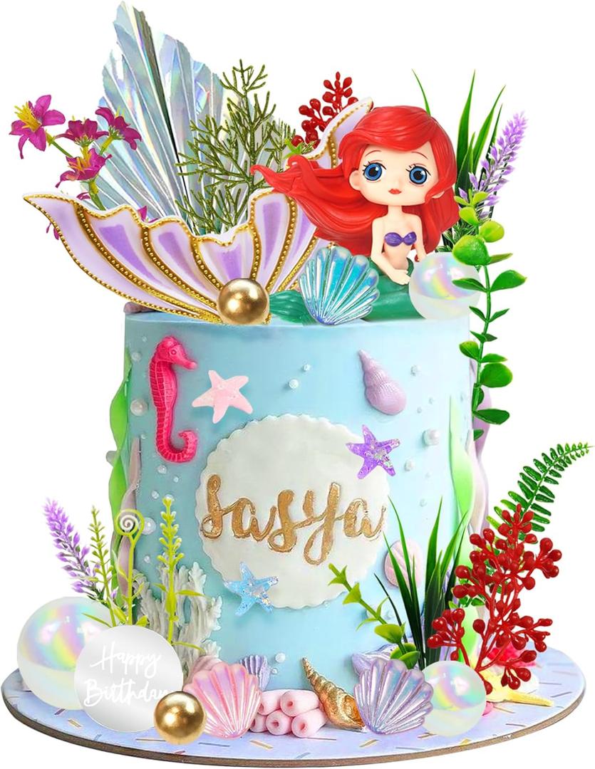 Mermaid Cake Toppers - Under the Sea Tail Cake Decorations with Artificial Water Plants & Pearl Balls for Girl Kid Birthday Party & Baby Shower Supplies (Style 1)