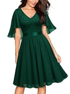 MISSMAY Women's Vintage V-Neck Floral Lace Contrast Chiffon Prom Party Dress (Green, S)