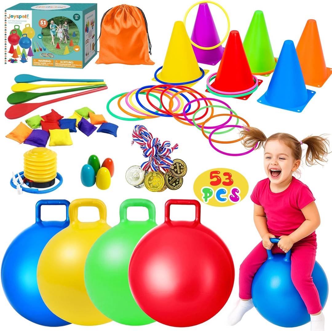 JOY SPOT! Carnival Outdoor Games Combo Set for Kids, 18 Inch Hopper Balls with Handles, Ring Toss, Bean Bags, Egg Spoon Relay Race, Fun for Backyard, Field Day, School, Birthday Parties, Family Events
