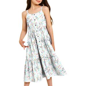 Enlifety 6-12Y Girls Flowy Dress Summer Casual Sundress Spaghetti Straps Printed Dresses (6-7 Years, Baseball Drip)