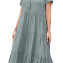 Womens Casual Short Sleeve Button Down Blouse Cotton Linen Midi Dress Summer Casual Loose Tiered Swing Dresses L