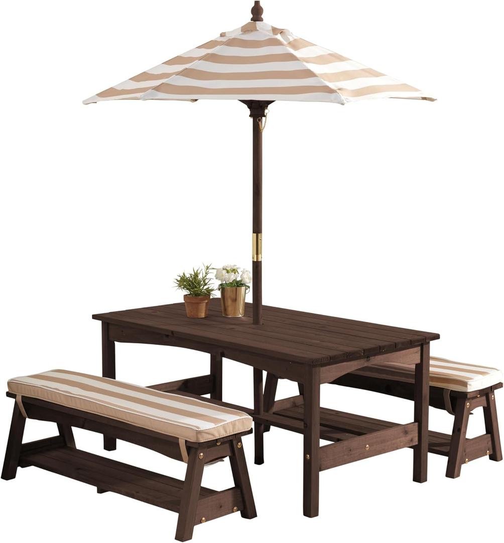 KidKraft Outdoor Wooden Table & Bench Set with Cushions and Umbrella, Kids Backyard Furniture, Espresso with Oatmeal and White Stripe Fabric, 42.25" x 22.75" x 19"