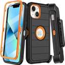 for iPhone 13 Mini Case with Built-in Screen Protector, Belt Clip Holster, Heavy Duty Shockproof Drop Protection Military Grade Durable Phone Cover with Kickstand for iPhone 13 Mini (Black Orange)
