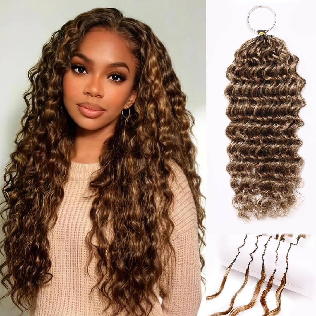Highlight Pre-Separated Human Crochet Hair for Black Women, P4/27/30 Ombre Brown Blonde Deep Wave Curly Miracle Knots 14 Inch 50g Knotless Feather Invisible Crochet Braiding Hair Extensions Bundles