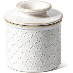 LE TAUCI Butter Crock, Butter Dish with Lid, Butter Container for Counter with Water Line, Embossed French Butter Keeper for Spreadable Butter, Suit For Housewarming - Set of 1, Arctic White,Fireworks
