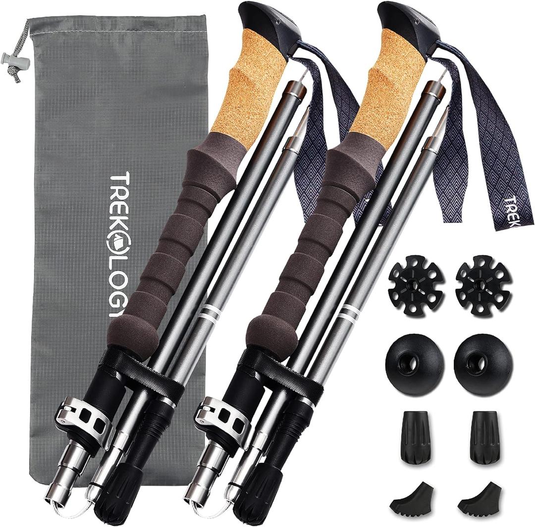 TREKOLOGY Trek-Z Cork Grip Trekking Poles Lightweight Folding Hiking Poles, Adjustable Height, Compact Travel Design, Aircraft-Grade Aluminum Walking Sticks for Men & Women (Gray)