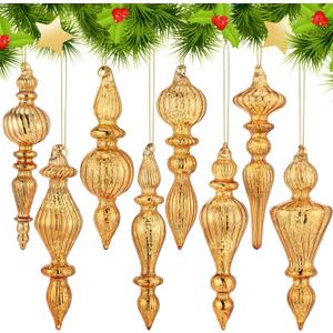 Mifoci 8 Pcs 6 Inch Mercury Glass Finial Christmas Ornaments Hanging Christmas Finials Glass Ornaments Assorted Mercury Decor for Vintage Holiday Xmas Tree Decoration(Champagne)