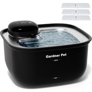 Gardner Pet Wireless Cat Water Fountain Stainless Steel Tray, 3.78L Cat Fountain Battery Operated, Cordless Pet Water Fountain for Cats & Dogs with Motion Sensor, Temperature Display - 1 Gallon, Black