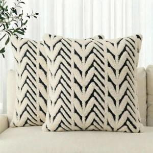AVOIN colorlife Black White Stripe Beige Throw Pillow Covers, 20 x 20 Inch Holiday Soft Plush Faux Fur Jacquard Cushion Case Decoration for Home Sofa Couch Set of 2