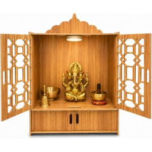 Wooden Pooja Mandir for Home with Doors - Temple Cabinet with LED Light and Storage Shelf for Hindu Worship, Living Room, Bedroom, Office