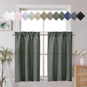 Chyhomenyc Bennet 2-Panel Olive Green Kitchen Curtains - 36 Inch Length, Faux Linen Textured Small Cafe Style, Light Filtering Short Window Curtains for Bathroom, Basement - 30x36 Inch