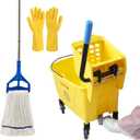 35QT Side-Press Mop Bucket and Wringer Combo on Wheels, Yellow,Including One Heavy Duty Industrial Mop and One Set Large Rubber Cleaning Gloves