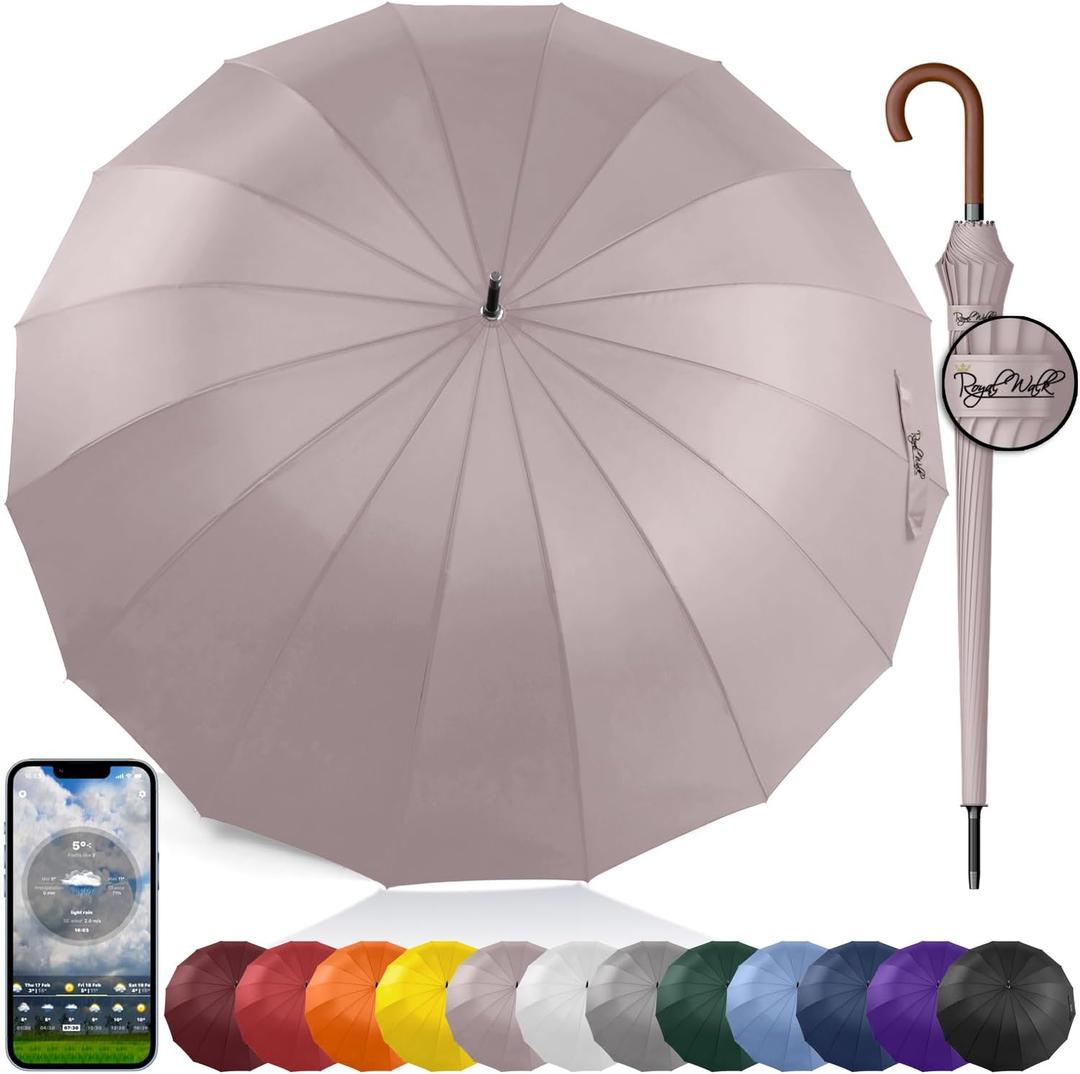 Royal Walk Windproof Umbrella Black Large 54 Inch Automatic Open for 2 Persons Stormproof for Men Women Classic Wooden Handle Lightweight Waterproof Durable Strong 16 Ribs Golf Unisex 120cm (Beige), XL
