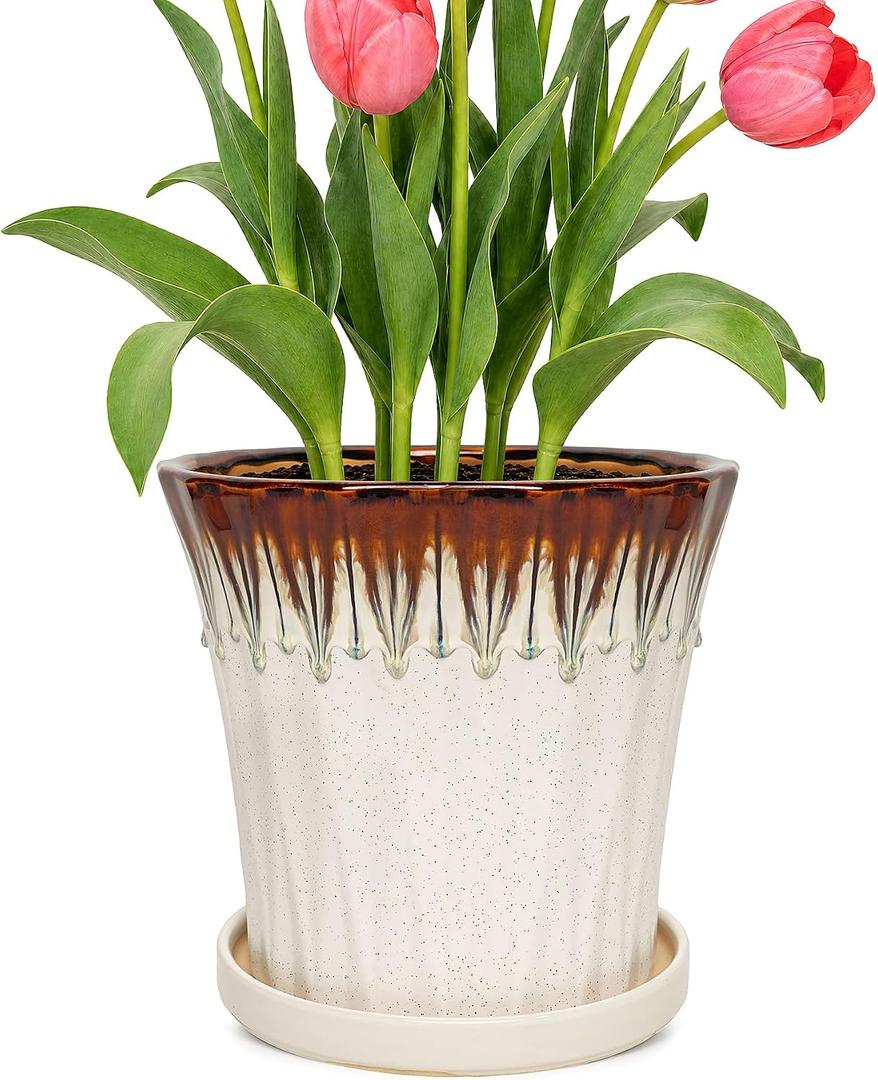 8.3 Inch Ceramic Planters with Drainage Hole and Saucer,Indoor Outdoor Large Flower Pots, Garden Pot for Plant Lovers (Drip White)