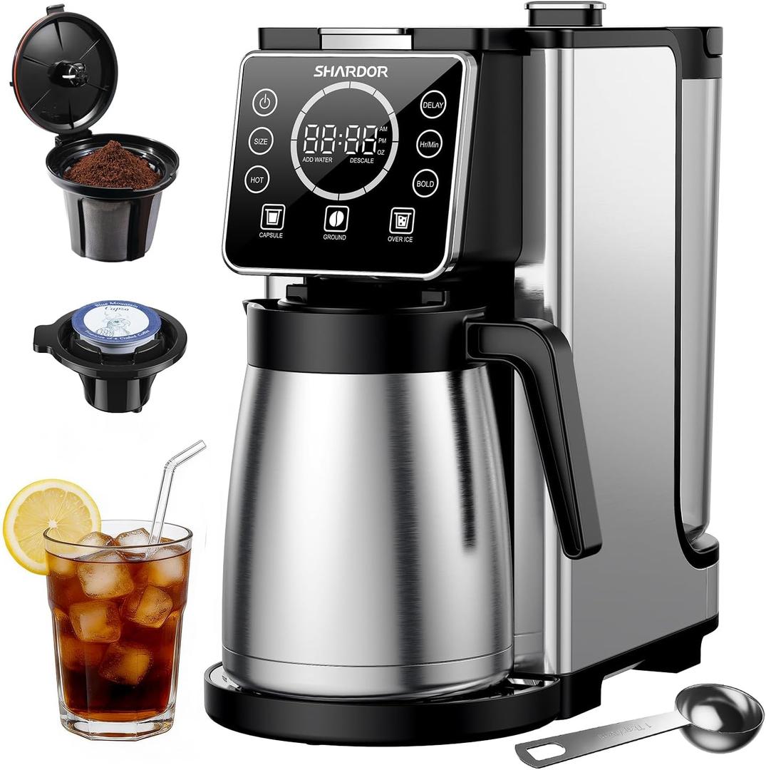 SHARDOR Programmable 5 Cup Drip Coffee Maker, Single Serve Hot & Iced Coffee Machine for K Cup & Grounds, 95oz Removable Reservoir, 624oz Brew Size, Strong Brew, Stainless Steel Thermal Carafe, Black