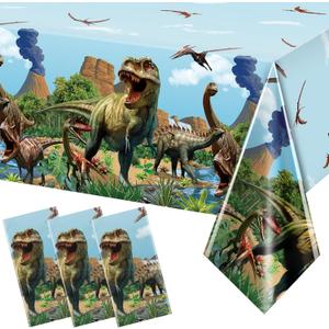 Tiamon 3 Pcs Dinosaur Tablecloth Dinosaur Party Table Covers Plastic Tablecloth for Kids Adults Birthday Party Picnic Supplies 54 x 108 Inch (Blue)