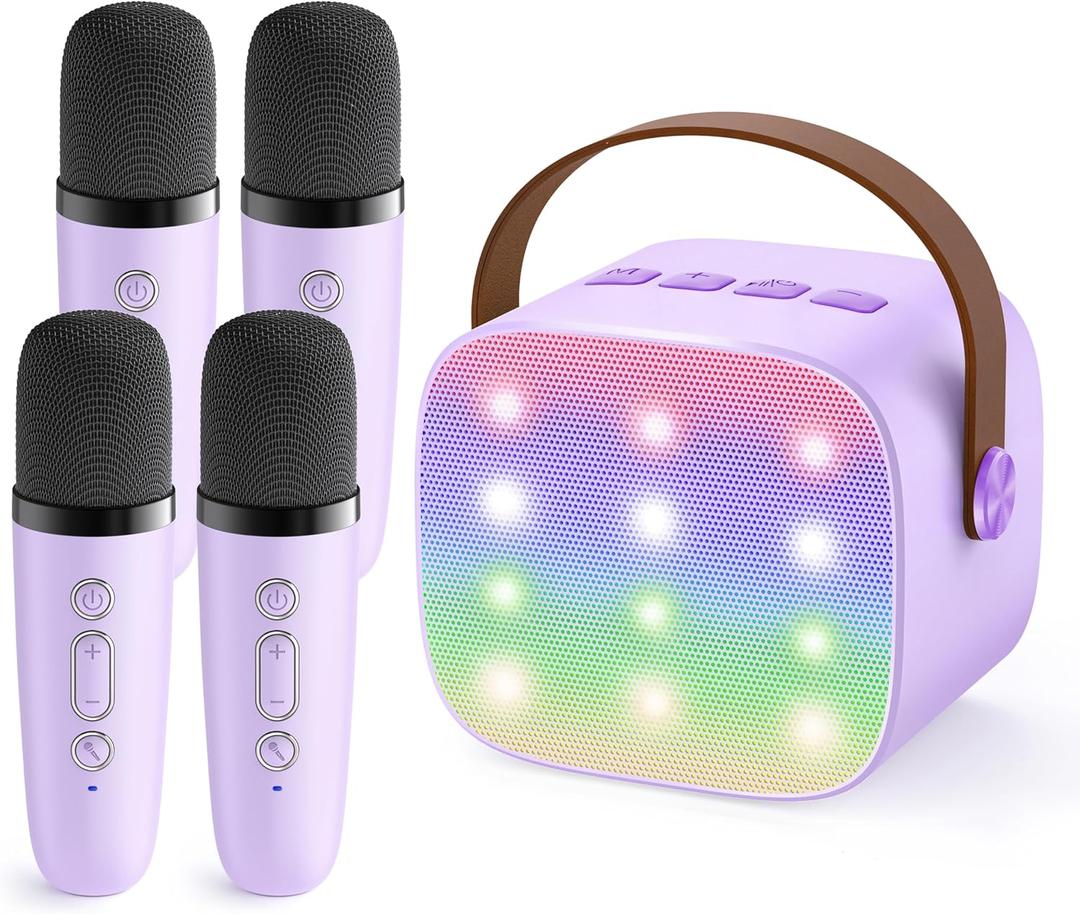 Upgraded Mini Karaoke Machine with 4 Wireless Microphones Toy for Kids, Christmas Birthday Gifts for Girls Boys, Portable MP3 Player for Ages 3, 4, 5, 6, 7, 8, 9, 10, 12+ Year Old Party (Purple)
