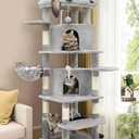 Globlazer Corner Cat Tree for Large Cats, 66inch Tall Curved Series Large Cat Tower for Multiple Indoor Cats with 6 Scratching Posts, 2 Spacious Cat Condos, Hammock, Hanging Basket, C66, Light Grey