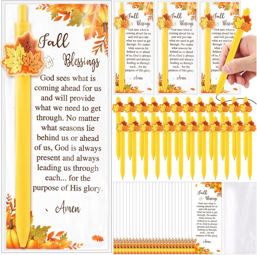 Honoson 24 Set Maple Leaf Pens Thanksgiving Gifts Bulk Fall Ballpoint Thanksgiving Greeting Cards Thankful Maple Shape Ballpoint Autumn Themed Card for Sunday Coworker Employee Favor