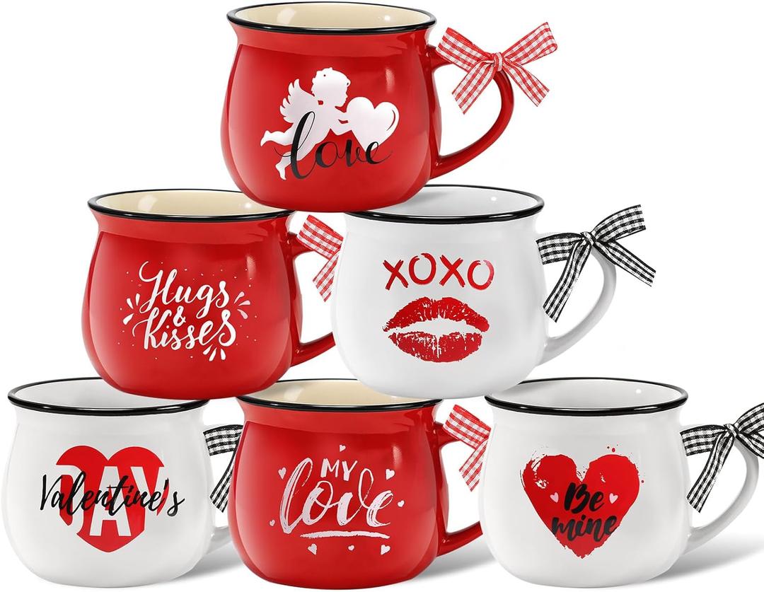 6 Pcs Valentine's Day Mugs 12 oz Coffee Ceramic Mug with Ribbon Bow Red White Love Words Cup Sweet Heart Coffee Cup Tiered Tray Decor Gift for Anniversary Wedding Table Centerpieces