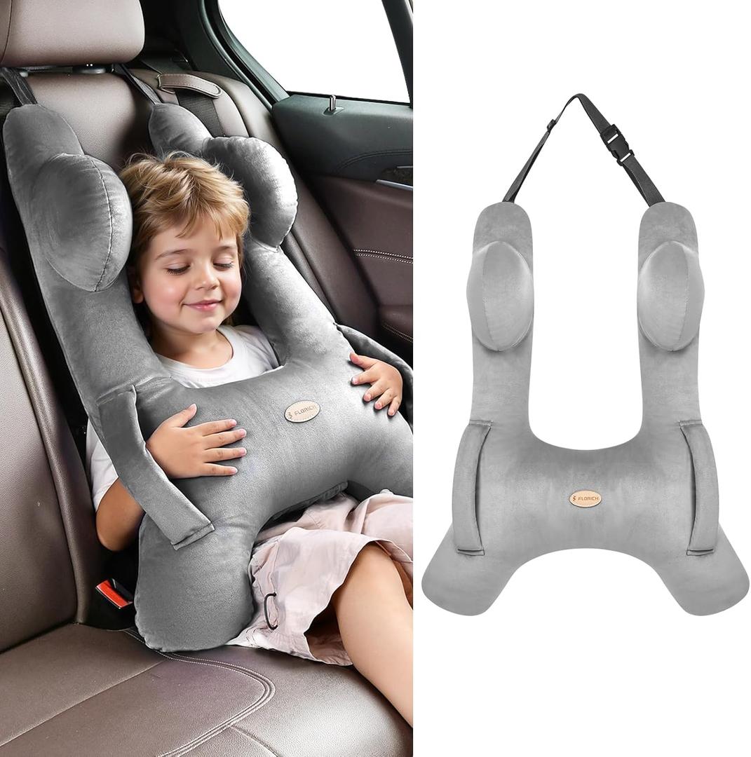 FLORICH Kids Travel Pillow, Car Sleeping Travel Pillow for Kids, Washable H-Shaped Pillow for Adults and Children to Support Head and Body for Road Trips Pillow for Car (Grey) (Normal)