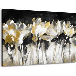 Yelash Living Room Flower Canvas Wall Art Black and White Floral Painting with Gold Pictures for Home Bedroom Decor 36 x 24 inch