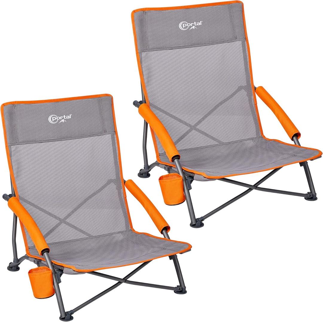 PORTAL Beach Chairs for Adults Camping Low Lightweight Portable Chair with Cup Holder Mesh Back Carry Bag for Outdoor Sand Lawn Travel Picnic Festival Concert, 350LBS (24" High Back, Teslin Grey-2 Pack)