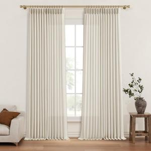 Pinch Pleated Linen Curtains 96 Inches Long for Living Room Bedroom, Light Filtering Boho Window Drape 96 inch 2 Panels Burgs with Hooks&Rings 8ft Cream Birch Sliding Glass Door Sheer Curtain Decor