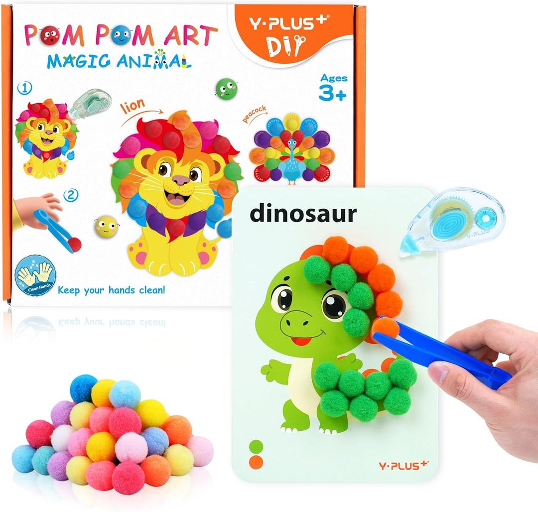 YPLUS Pompoms Art Crafts Kits, Toddler DIY Sensory Montessori Activities Box for Kids Ages 3+, Finger Motor Art Supplies - Theme Animals